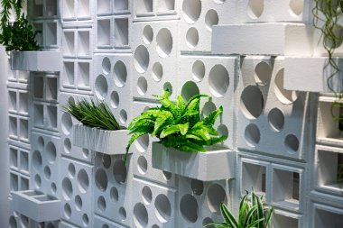 Beyaz duvarlarda hava delikleri var. Bitkileri süslemek için. Tazelik hissi verir.