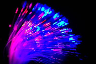Siyah arkaplanda iletişim teknolojisi ağı için bulanık ışık fiber optikleri kapat