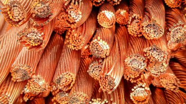 Yıpranmış bakır kabloların yakın plan çekimlerinde iplikler ve oksitlenme görülüyor..