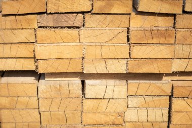 Kereste deposunda istiflenmiş ahşap kalaslar, çeşitli gölgeler ve dokular, düzenli bir şekilde düzenlenmiş..