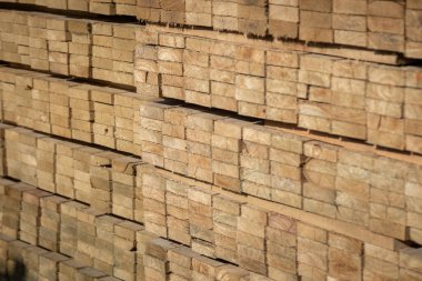 Kereste deposunda istiflenmiş ahşap kalaslar, çeşitli gölgeler ve dokular, düzenli bir şekilde düzenlenmiş..