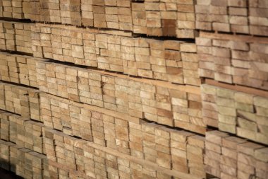 Kereste deposunda istiflenmiş ahşap kalaslar, çeşitli gölgeler ve dokular, düzenli bir şekilde düzenlenmiş..