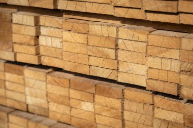 Kereste deposunda istiflenmiş ahşap kalaslar, çeşitli gölgeler ve dokular, düzenli bir şekilde düzenlenmiş..