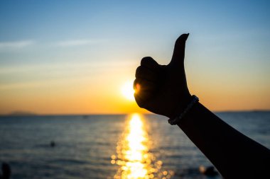 Silüetli el, okyanusun üzerinde canlı bir günbatımına karşı baş parmak işareti yapıyor. Altın güneş ışığı suya yansıyor..