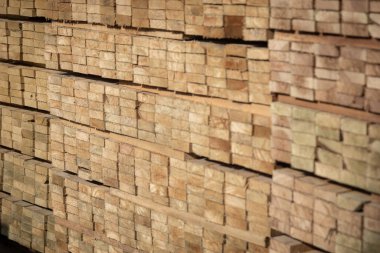 Kereste deposunda istiflenmiş ahşap kalaslar, çeşitli gölgeler ve dokular, düzenli bir şekilde düzenlenmiş..