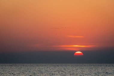 Sakin bir günbatımı sahnesi ufkun altında yavaşça kayboluyor, sakin okyanusun üzerine yumuşak, pembe ve turuncu renkler döküyor..