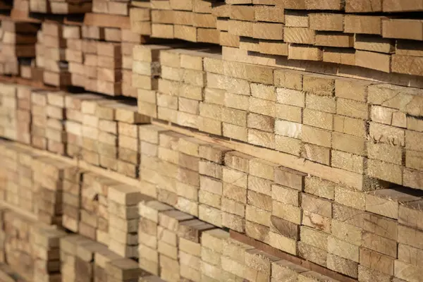 Kereste deposunda istiflenmiş ahşap kalaslar, çeşitli gölgeler ve dokular, düzenli bir şekilde düzenlenmiş..