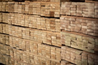 Kereste deposunda istiflenmiş ahşap kalaslar, çeşitli gölgeler ve dokular, düzenli bir şekilde düzenlenmiş..