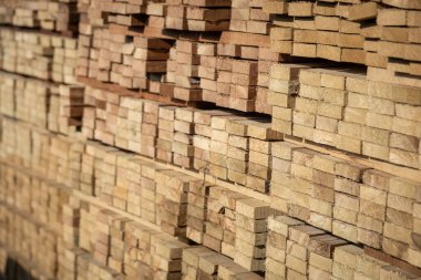 Kereste deposunda istiflenmiş ahşap kalaslar, çeşitli gölgeler ve dokular, düzenli bir şekilde düzenlenmiş..