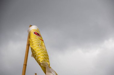 Bulutlu bir gökyüzünde uçan iki koinobori (sazan balığı flaması). Çocuklar Günü için geleneksel Japon süslemeleri, güç ve cesareti simgeliyor.
