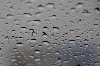 Yayılmış ışık tarafından aydınlatılan cam bir yüzeye tutunarak çeşitli boyutlarda su damlacıklarının yakın çekim, tam kare görüntüsü..