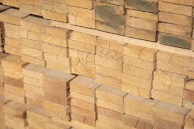 Kereste deposunda istiflenmiş ahşap kalaslar, çeşitli gölgeler ve dokular, düzenli bir şekilde düzenlenmiş..