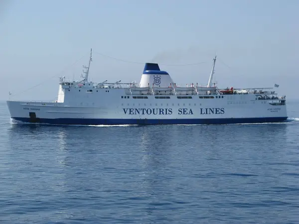 AEGEAN SEA, GREECE - AUGUST 21, 2007: Ferry boat Agios Georgios of Ventouris Sea Lines company on her way somewhere between Serifos and Sifnos islands, closer look
