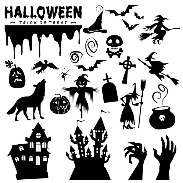 Ensemble Éléments Halloween Isolés Ensemble Silhouettes Halloween Sur Fond Blanc — Image vectorielle