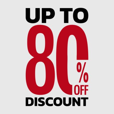 İndirimli fiyat tabelası. Satışlarda yüzde 80 'e kadar indirim var. Özel fiyat sembolü. İndirimli terfi. Gri arka planda% 80 indirim. Dükkan ve satış pankartları için tasarımınız hazır. Vektör İllüstrasyonu.