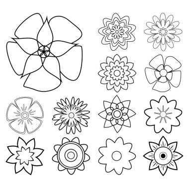 Çiçek Taslağı. Çiçek Hattı Sanatı. Çiçek simgesi vektörü ayarlandı. Beyaz Arkaplan 'da izole edilmiş çiçek serisi. Vektör çizimi. Tasarım için elementler.