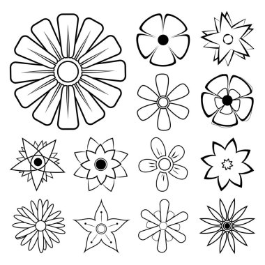 Çiçek Taslağı. Çiçek Hattı Sanatı. Çiçek simgesi vektörü ayarlandı. Beyaz Arkaplan 'da izole edilmiş çiçek serisi. Vektör çizimi. Tasarım için elementler.