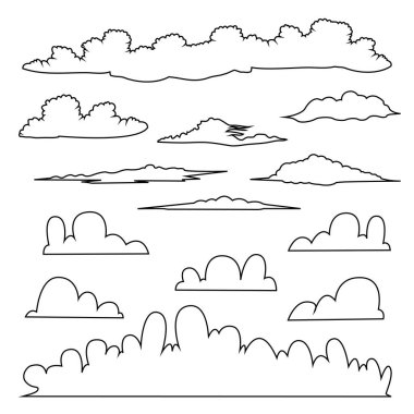 Beyaz arkaplanda izole Bulutlar Ana Hattı. Bulutlar Görüntü Çizimi Şekil Tasarımı. Vektör İllüstrasyonu. Tasarım için elementler. Bulutların Farklı Şekilleri. Bulut Çizgisi Sanatı.