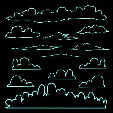 Kara arka planda izole edilmiş bir Bulut kümesi. Bulutlar Neon Illustration Shape Design. Vektör İllüstrasyonu. Tasarım için elementler. Retro neon ışığı. Parlak Yeşil Işık.
