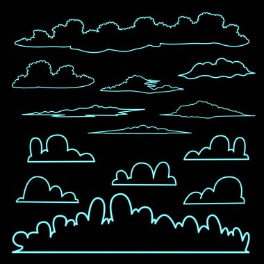 Kara arka planda izole edilmiş bir Bulut kümesi. Bulutlar Neon Illustration Shape Design. Vektör İllüstrasyonu. Tasarım için elementler. Retro neon ışığı. Parlak Mavi Işık.
