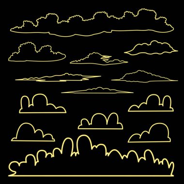 Kara arka planda izole edilmiş bir Bulut kümesi. Bulutlar Neon Illustration Shape Design. Vektör İllüstrasyonu. Tasarım için elementler. Retro neon ışığı. Parlak Sarı Işık.