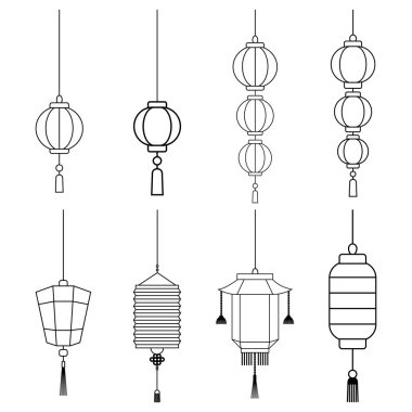 Beyaz arka planda izole edilmiş bir dizi Çin feneri. Çin Fenerleri Simgesi. Vektör İllüstrasyonu. Tasarım için elementler. Çin Fenerleri Çizgi Sanatı.
