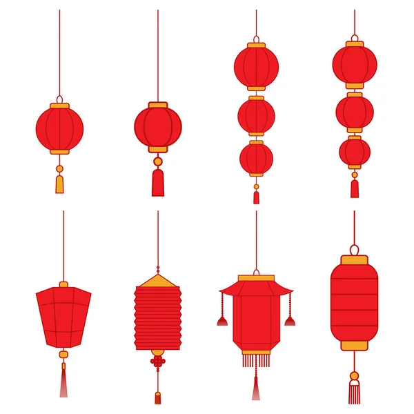 Zestaw Czerwonych Chińskich Latarni Izolowanych Białym Tle Chińska Ikona Latarni — Wektor stockowy
