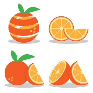 Portakal Çizimi. Turuncu Vektör. Portakal Meyvesi. Bir portakal seti, yarım dilimlenmiş, beyaz arka planda izole edilmiş portakal meyvesi. Vektör çizimi. Hepsi tek bir katmanda..