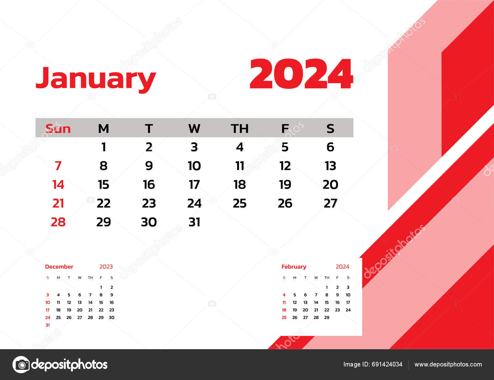 January 2024 Calendar Week Start Sunday Desk Calendar 2024 Design Stock