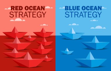 Illustration of Red Ocean and Blue Ocean Strategy Concept business marketing presentation. Paper boats on red ocean and blue ocean Marketing. Red boats on very competitive market many competitors. Blue boat is on a non-competitive market successful b