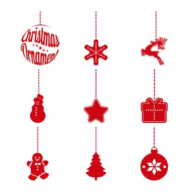 Kırmızı Asılı Noel Süsü seti. Asılı Noel Süsü. Dekoratif Noel Bauble İllüstrasyonu. Beyaz arka planda asılı duran kırmızı Noel süsü. Vektör çizimi. Tasarım için elementler.