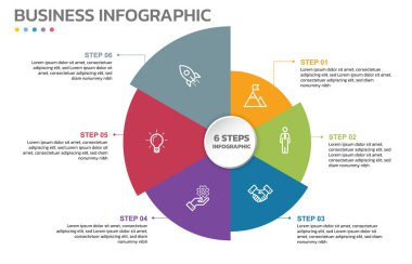 Görsel veri sunumu. 6 seçenekli döngü diyagramı. Pie Chart Circle bilgi şablonu 6 adım, seçenekler, parçalar, bölümler. İş konsepti. Pazarlama bilgisi vektör illüstrasyonu. Sektörlü düzenlenebilir pasta grafiği. Hepsi tek bir katmanda..