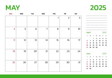 Mayıs 2025 Takvim. Hafta pazar günü başlıyor. Masa takvimi 2025 tasarım, basit ve temiz tasarım, yazdırma için duvar takvimi, dijital takvim, kurumsal tasarım planlama şablonu.