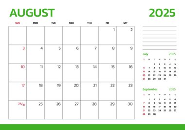 Ağustos 2025 Takvimi. Hafta pazar günü başlıyor. Masa takvimi 2025 tasarım, basit ve temiz tasarım, yazdırma için duvar takvimi, dijital takvim, kurumsal tasarım planlama şablonu.