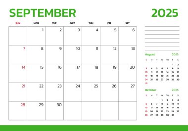 Eylül 2025 Takvimi. Hafta pazar günü başlıyor. Masa takvimi 2025 tasarım, basit ve temiz tasarım, yazdırma için duvar takvimi, dijital takvim, kurumsal tasarım planlama şablonu.