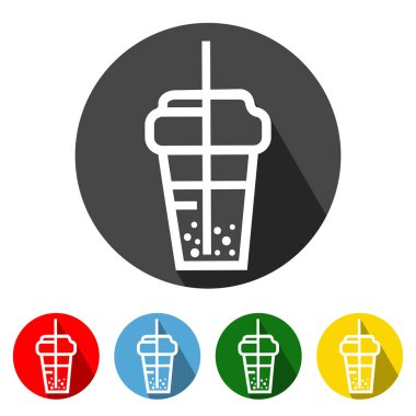Balonlu Süt Çayı Yassı Simgesi Uzun Gölge. Bubble Milk Tea ikon vektör çizim elementi dört renk varyasyonlu. Uzun Gölgeli Balonlu Süt Çay Simgesi. Bubble Milk Tea Icon düz tasarım. Vektör çizimi. Tasarım için elementler.