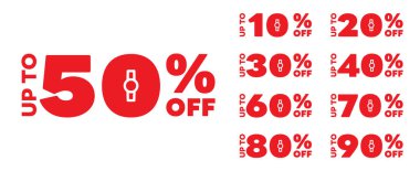 İndirimli etiketler vektör rozeti şablonu, 10, 20, 90, 80, 30, 40, 50, 60, 70% indirimli, vektör ilüstrümanı beyaz arka planda izole edilmiş. Etiket simgesi olmayan düz tasarım koleksiyon seti fiyatı. İndirim etiketi ve farklı satış yüzdesi.