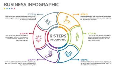 Görsel veri sunumu. 6 seçenekli döngü diyagramı. Pie Chart Circle ince çizgi bilgi şablonu ile 6 adım, seçenekler, parçalar, bölümler. İş konsepti. Pazarlama bilgilendirme vektör çizim taslak biçimi. Sektörlü düzenlenebilir pasta grafiği