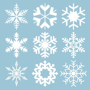 Kar tanesi ikonları. Kar Tanesi Vektörleri. Kar taneleri seti. Kış ve Noel teması için arka plan. Mavi Arkaplan 'da izole edilmiş kar tanesi simgeleri. Vektör çizimi. Tasarım için elementler. EPS10.