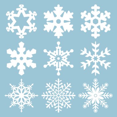Kar tanesi ikonları. Kar Tanesi Vektörleri. Kar taneleri seti. Kış ve Noel teması için arka plan. Mavi Arkaplan 'da izole edilmiş kar tanesi simgeleri. Vektör çizimi. Tasarım için elementler. EPS10.