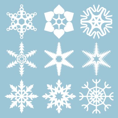Kar tanesi ikonları. Kar Tanesi Vektörleri. Kar taneleri seti. Kış ve Noel teması için arka plan. Mavi Arkaplan 'da izole edilmiş kar tanesi simgeleri. Vektör çizimi. Tasarım için elementler. EPS10.