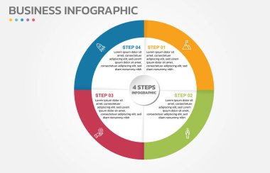 Görsel veri sunumu. 4 seçenekli döngü diyagramı. Pie Chart Circle bilgi şablonu 4 adım, seçenekler, parçalar, bölümler. İş konsepti. Pazarlama bilgisi vektör illüstrasyonu. Sektörlü düzenlenebilir pasta grafiği. Hepsi tek bir katmanda..