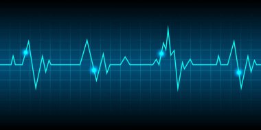 Illustration of Emergency ekg monitoring. Blue Glowing Neon Heart Pulse. Heartbeat. Dark Blue Background with a Grid. Vector Illustration. All in a single layer.