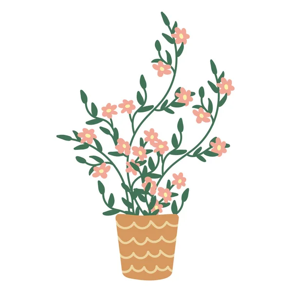 Planta Floreciente Una Maceta Flores Rosas Ilustración Dibujada Mano Vectorial — Archivo Imágenes Vectoriales