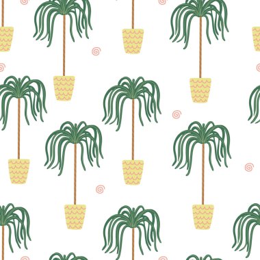 Dracaena ev bitkileri beyazın üzerinde pürüzsüz desen oluşturuyor. El çizimi düz vektör çizimi. Bahçedeki saksı bitkileri. Kumaşlar, ambalaj kağıtları, duvar kağıtları, kapaklar için harika..