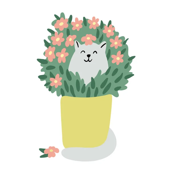 有家庭植物的猫茂密的灌木 开着粉红色的花 把植物种在花盆里 矢量手绘白底图解 平淡的风格 有趣的宠物 — 图库矢量图片