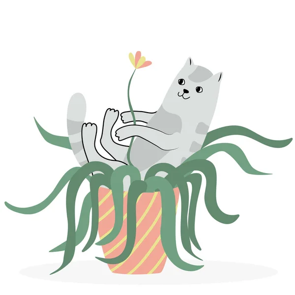 Милий Кіт Лежить Квітковому Горщику Рука Намальована Плоска Векторна Ілюстрація — стоковий вектор