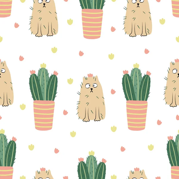 Grappige Katten Bloeiende Cactussen Naadloos Patroon Wit Handgetekende Vlakke Vectorillustratie — Stockvector