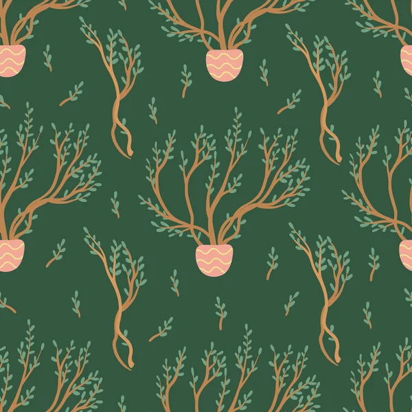 Дерев Яні Кімнатні Рослини Безшовний Візерунок Темно Зеленому Рука Намальована — стоковий вектор