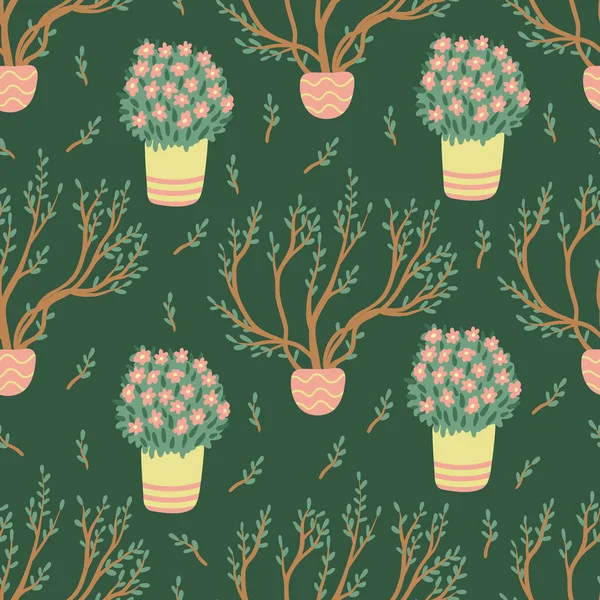 Цвітіння Кімнатних Рослин Безшовний Візерунок Темно Зеленому Рука Намальована Плоска — стоковий вектор